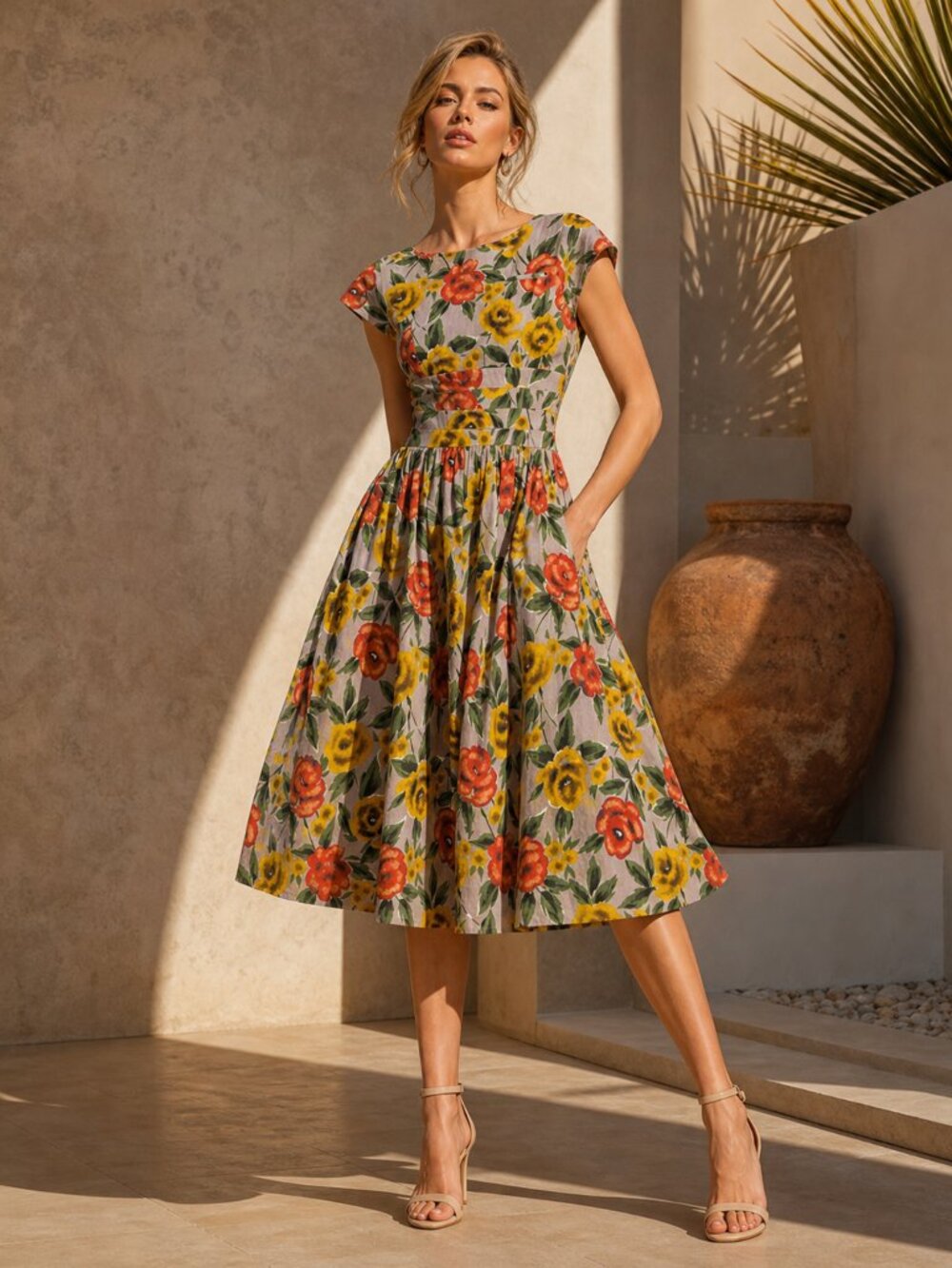 Vintage Designer Floral Cotton Poplin Dress Full Button Back Pockets Lined Skirt